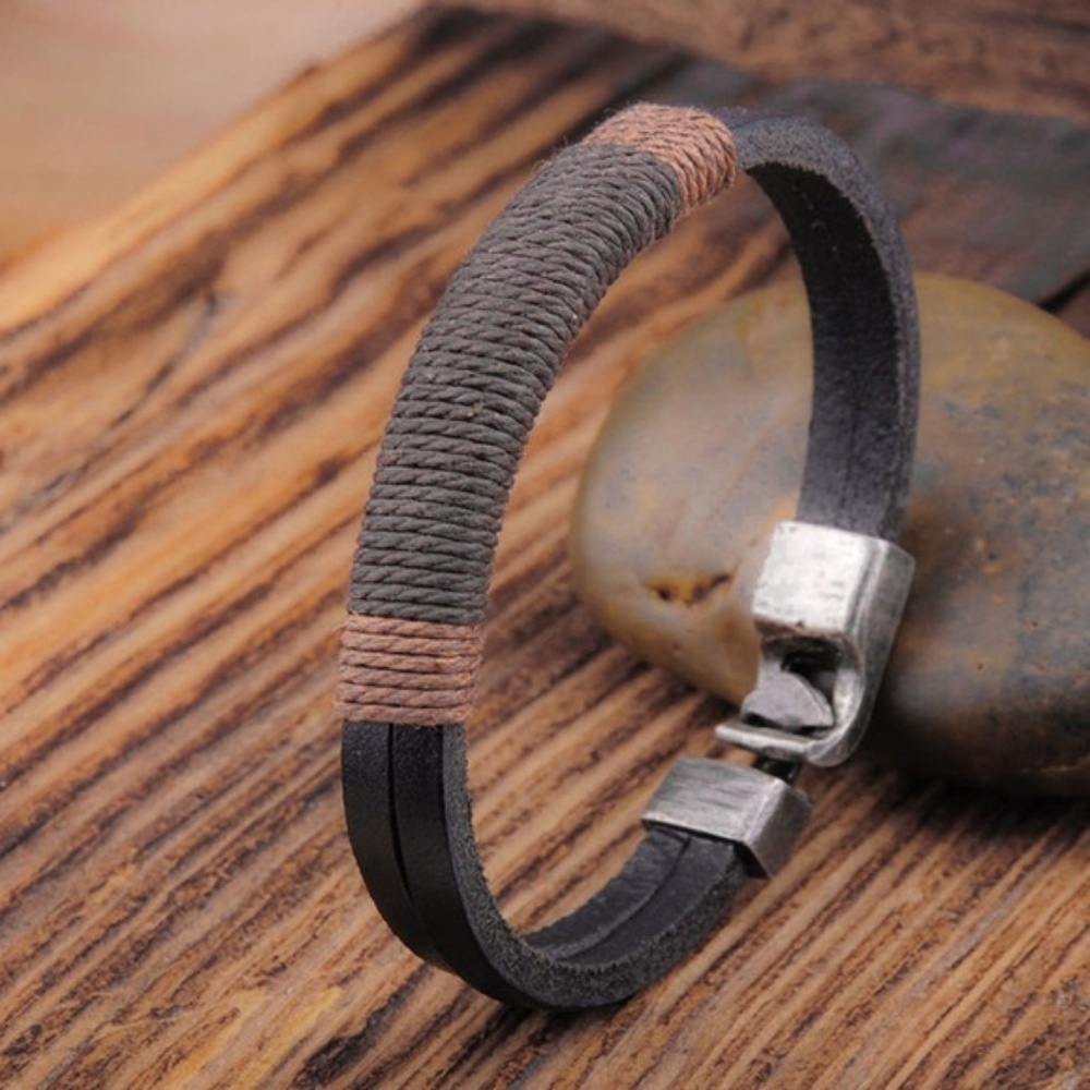 Men's Leather Black & Brown Wrapped Bracelet - Picture 3 of 8